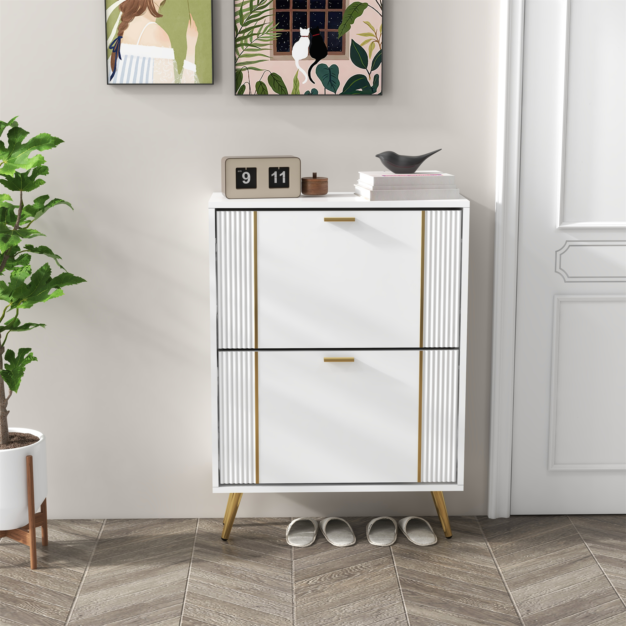 2 Flip Drawera Gold Bar Light Luxury Platinum Shoe Cabinet