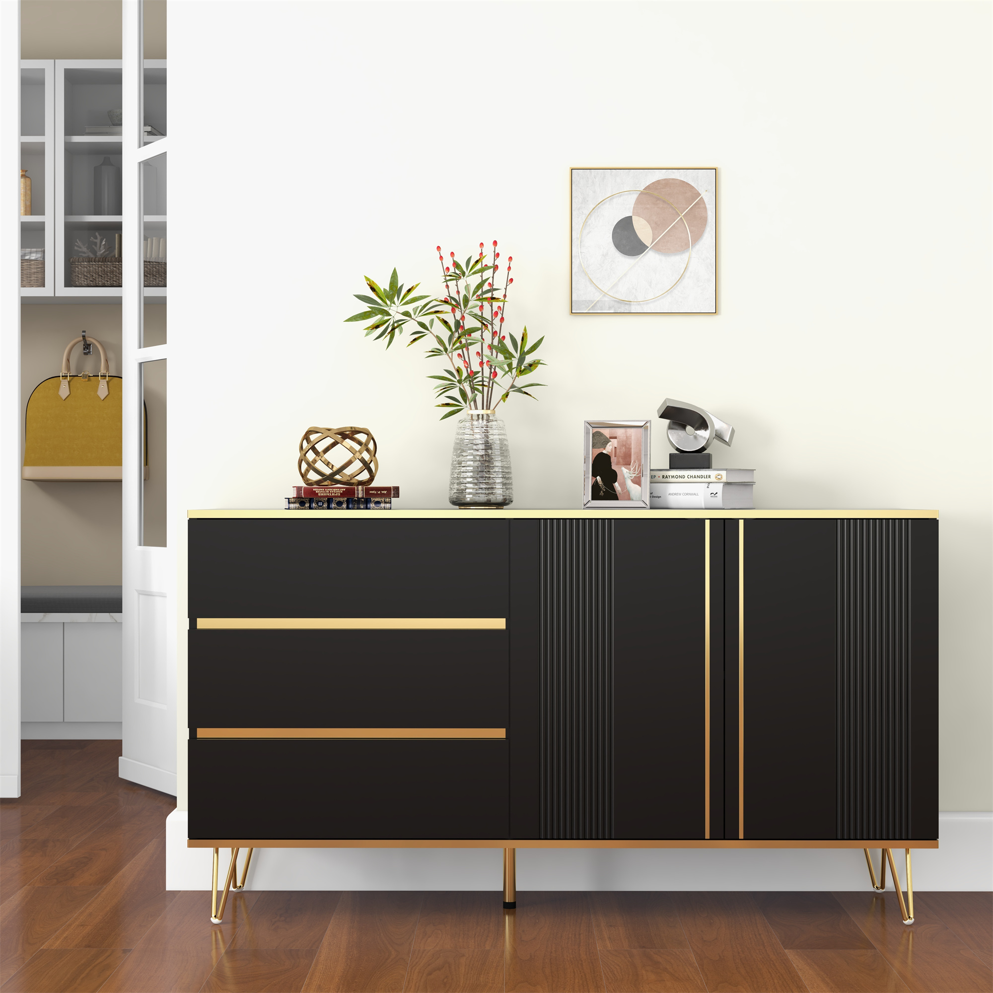 3 Drawers and 2 Doors Light Luxury Sideboard Buffet Cabinet