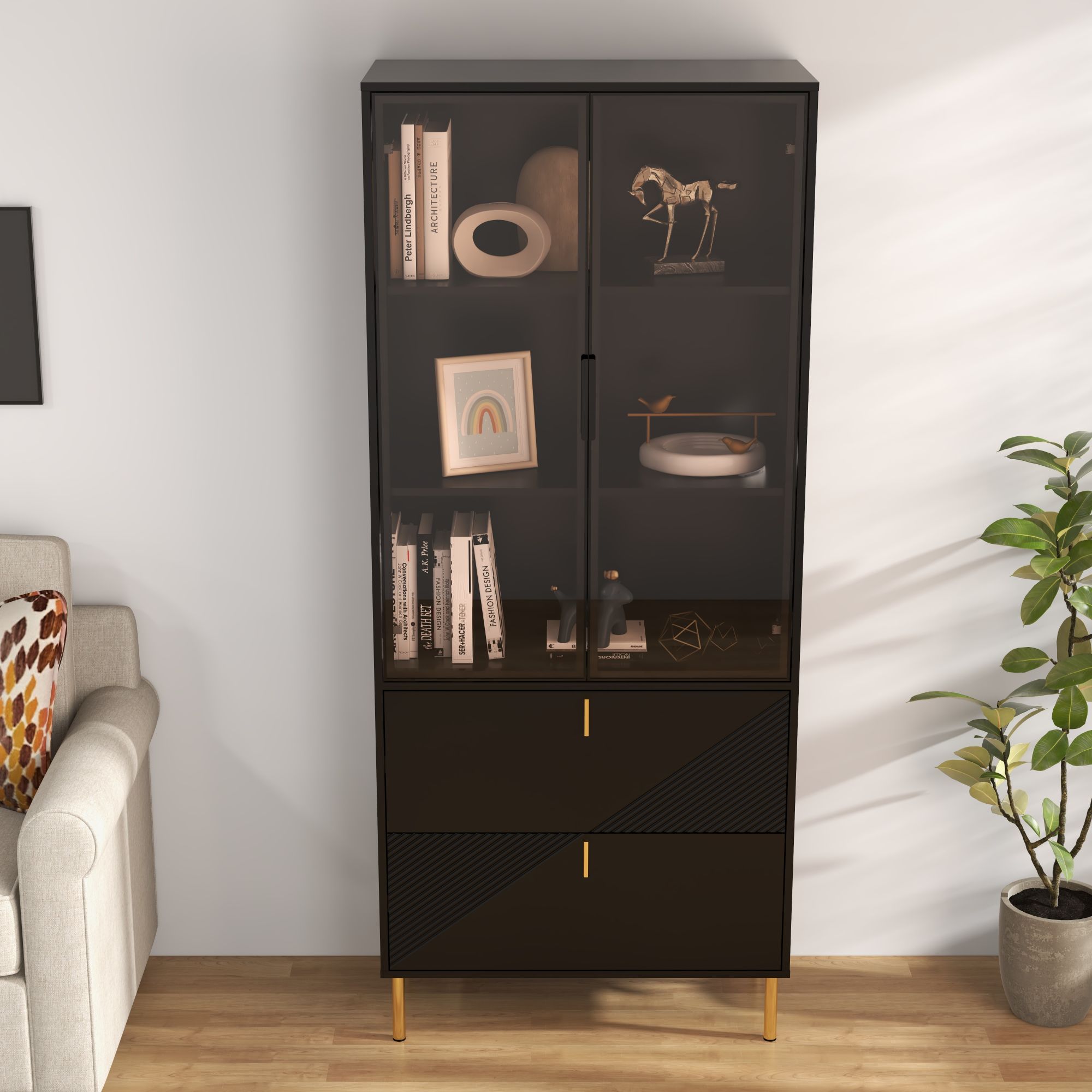 Black and Gold Light Luxury Wine Cabinet with Two Drawers and One Door